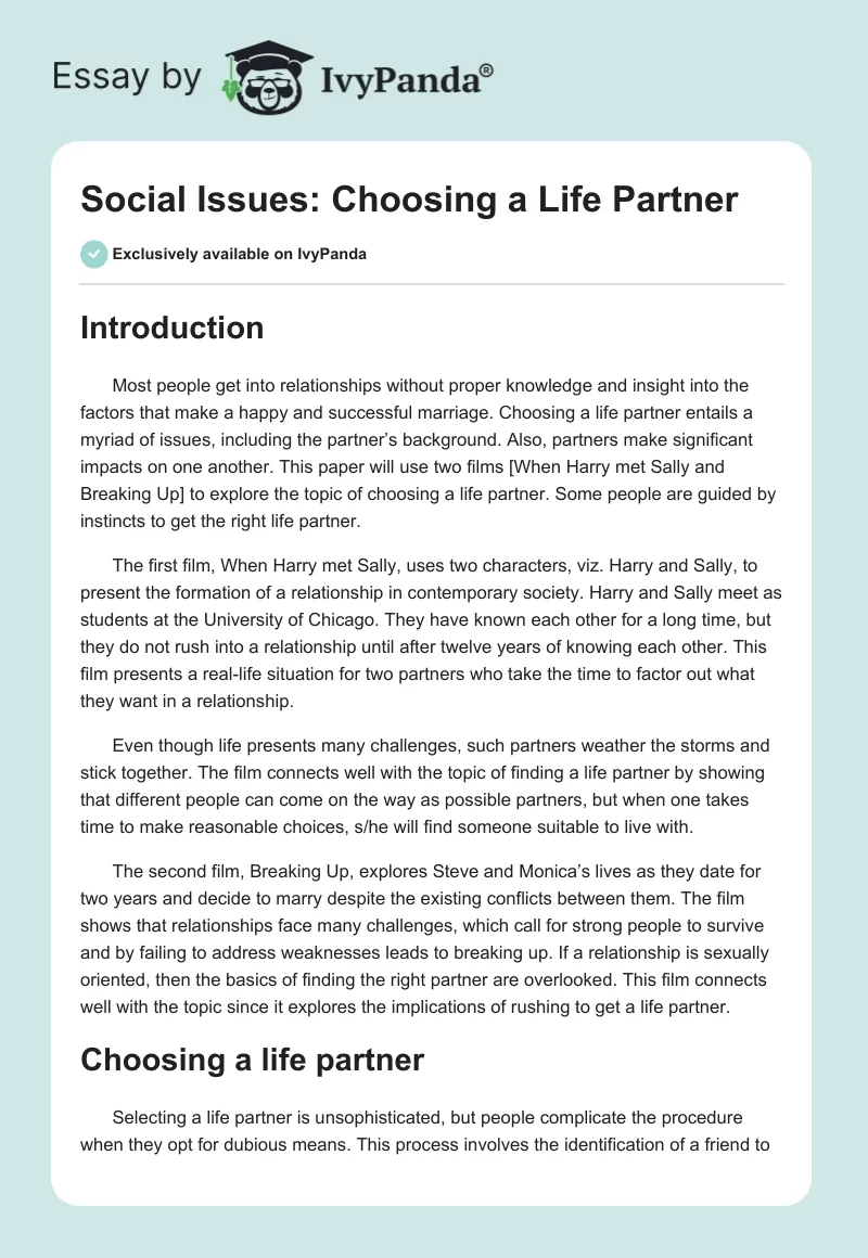 Social Issues: Choosing a Life Partner. Page 1