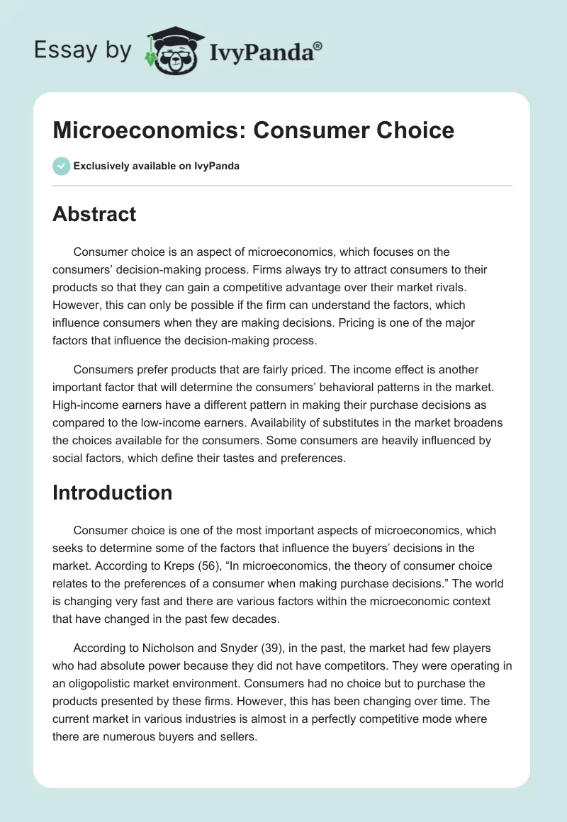 Microeconomics: Consumer Choice. Page 1