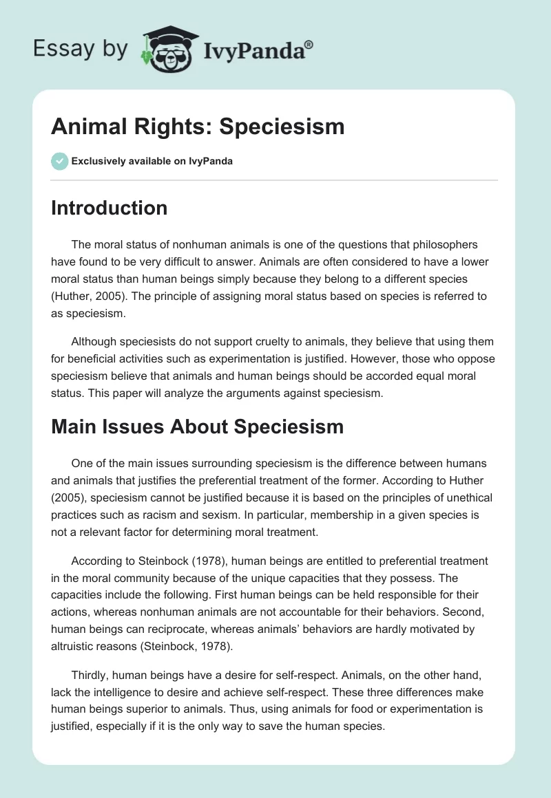 Animal Rights: Speciesism. Page 1