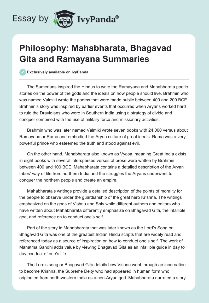 Philosophy: Mahabharata, Bhagavad Gita and Ramayana Summaries. Page 1