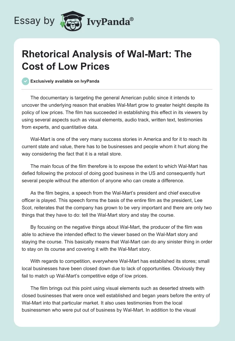 Rhetorical Analysis of Wal-Mart: The Cost of Low Prices. Page 1
