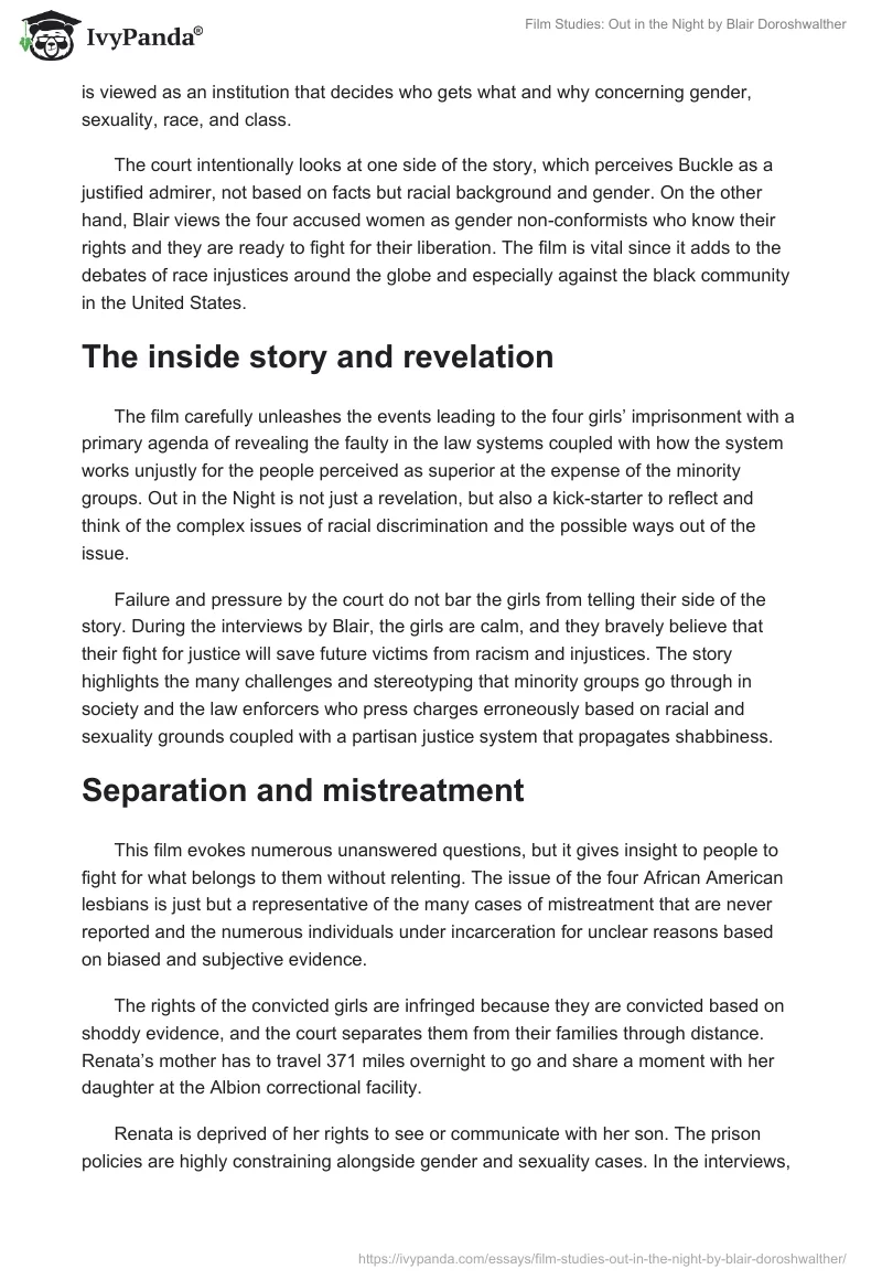 Film Studies: "Out in the Night" by Blair Doroshwalther. Page 2