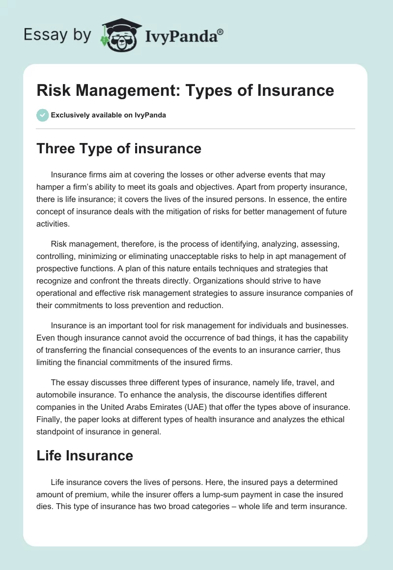 Risk Management: Types of Insurance. Page 1