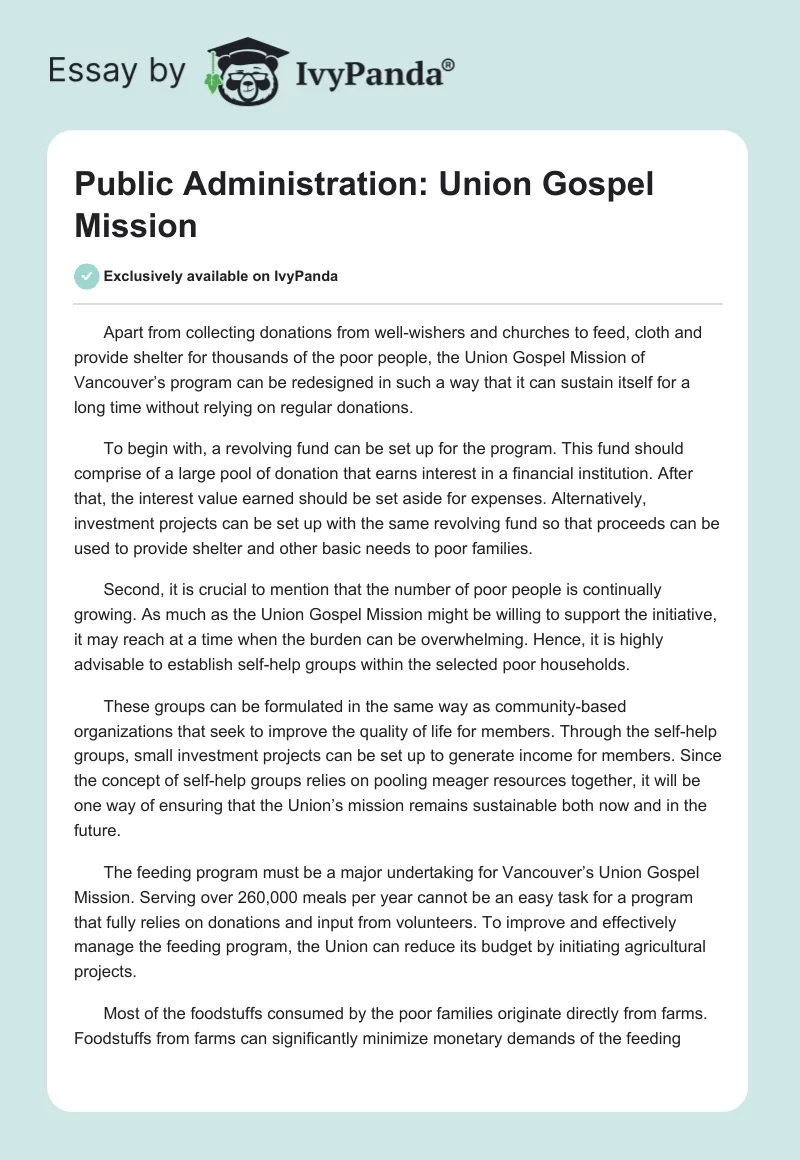 Public Administration: Union Gospel Mission. Page 1