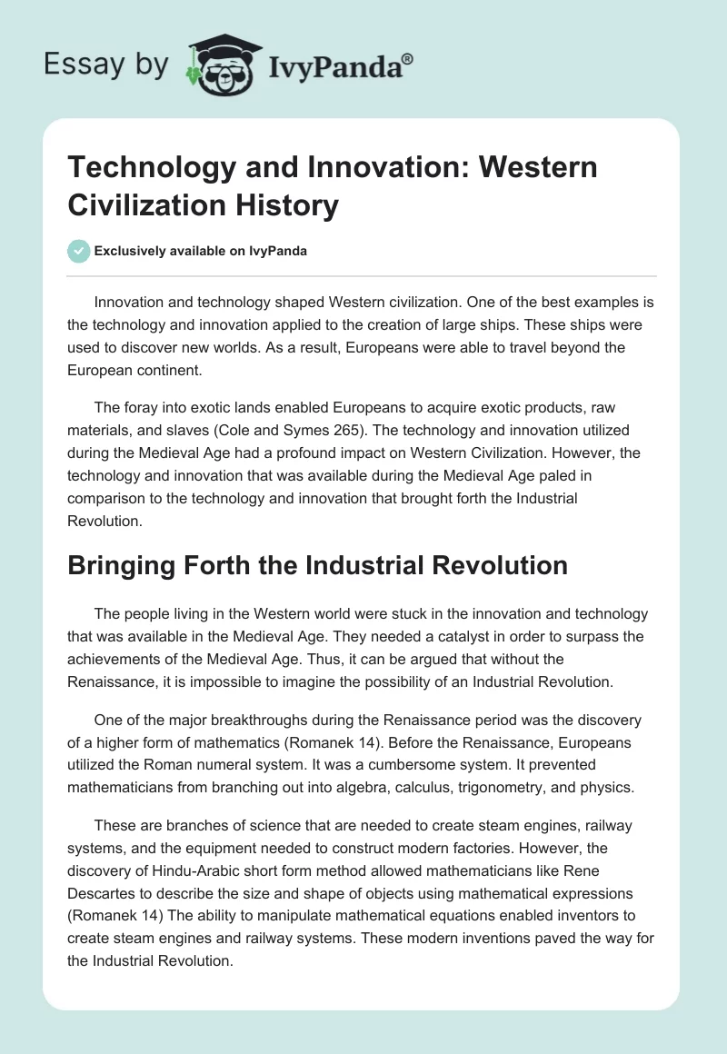 Technology and Innovation: Western Civilization History. Page 1