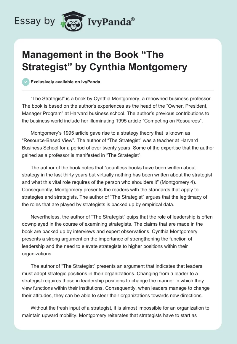 Management in the Book “The Strategist” by Cynthia Montgomery. Page 1