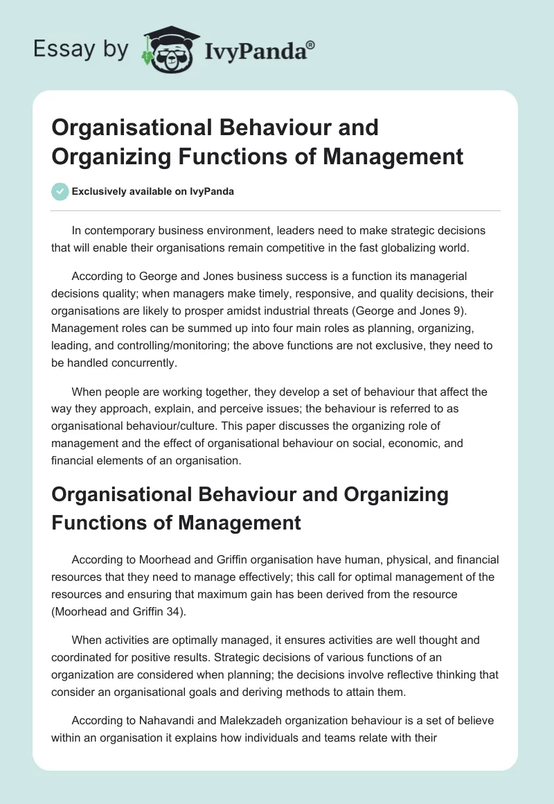 Organisational Behaviour and Organizing Functions of Management. Page 1