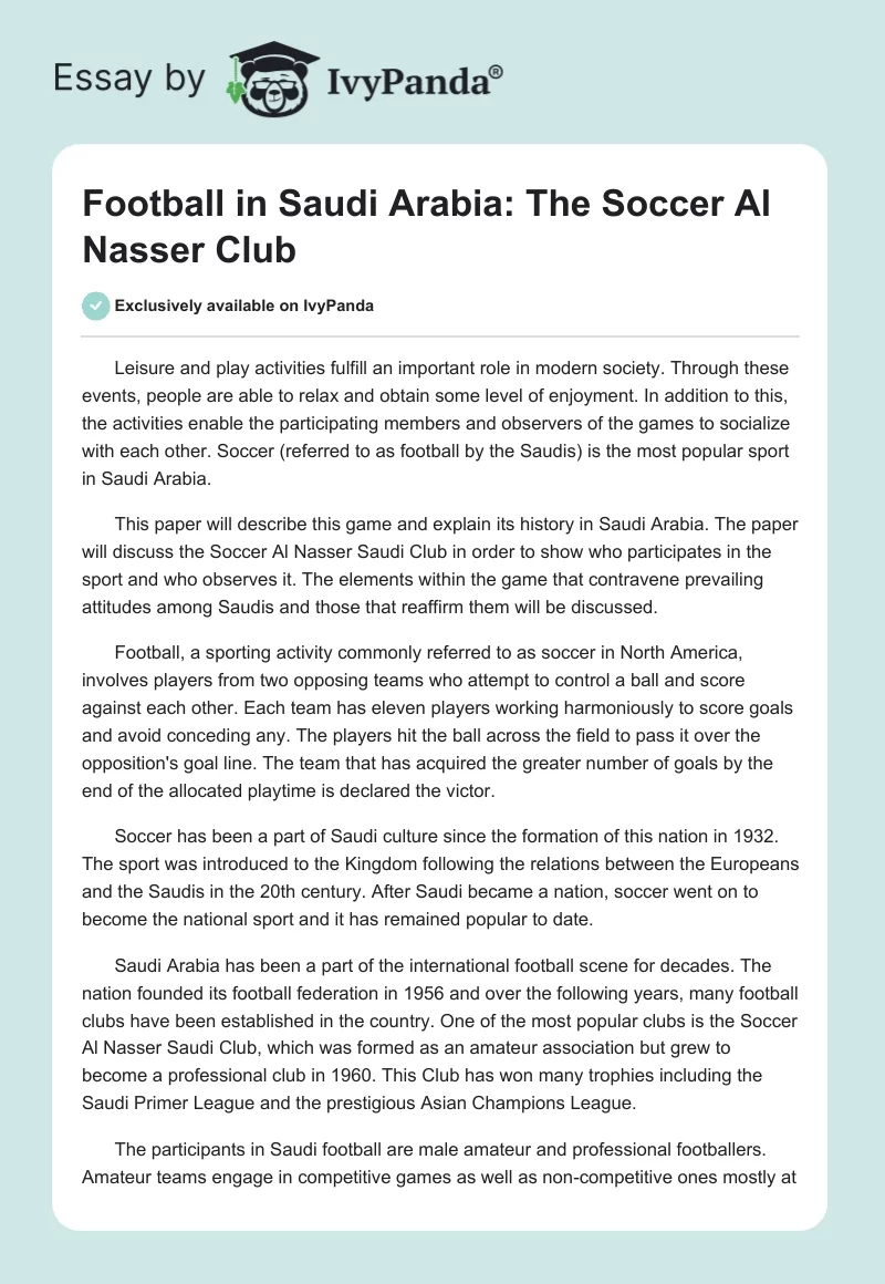 Football in Saudi Arabia: The Soccer Al Nasser Club. Page 1