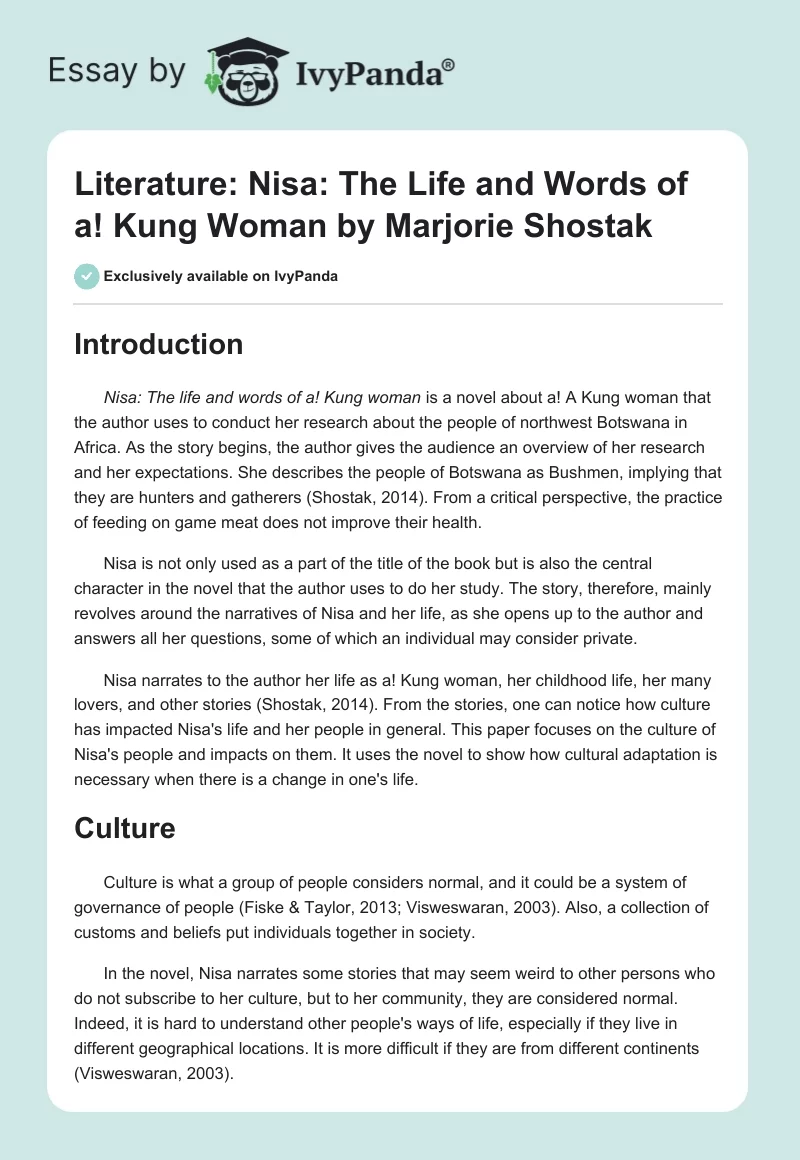 Literature: "Nisa: The Life and Words of a! Kung Woman" by Marjorie Shostak. Page 1