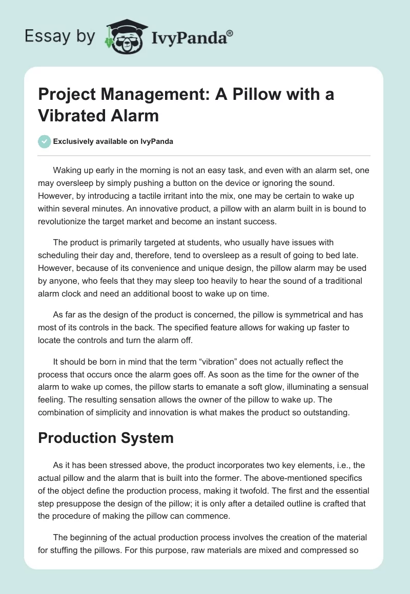 Project Management: A Pillow with a Vibrated Alarm. Page 1