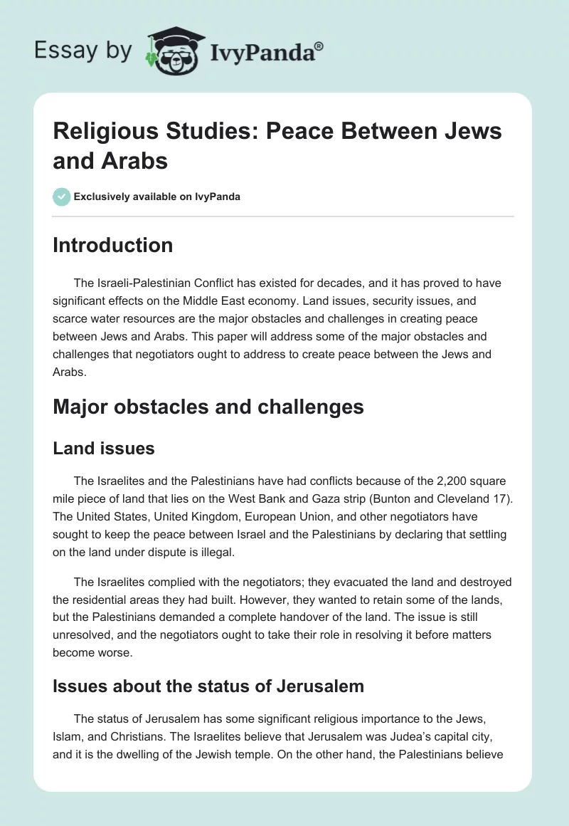 Religious Studies: Peace Between Jews and Arabs. Page 1