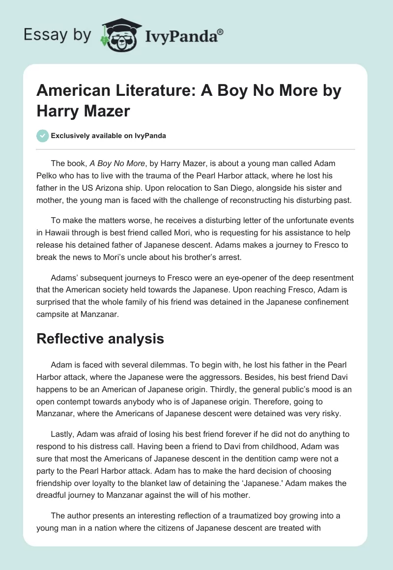 American Literature: "A Boy No More" by Harry Mazer. Page 1