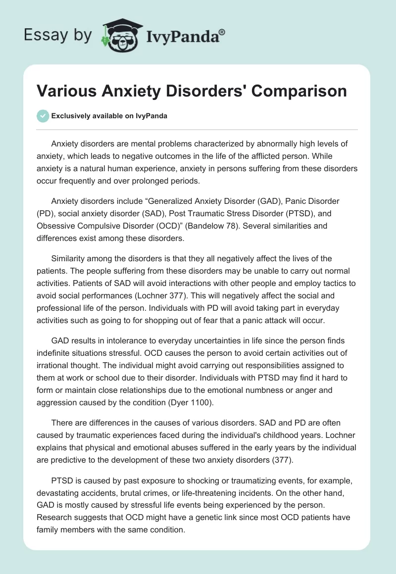 Various Anxiety Disorders' Comparison. Page 1