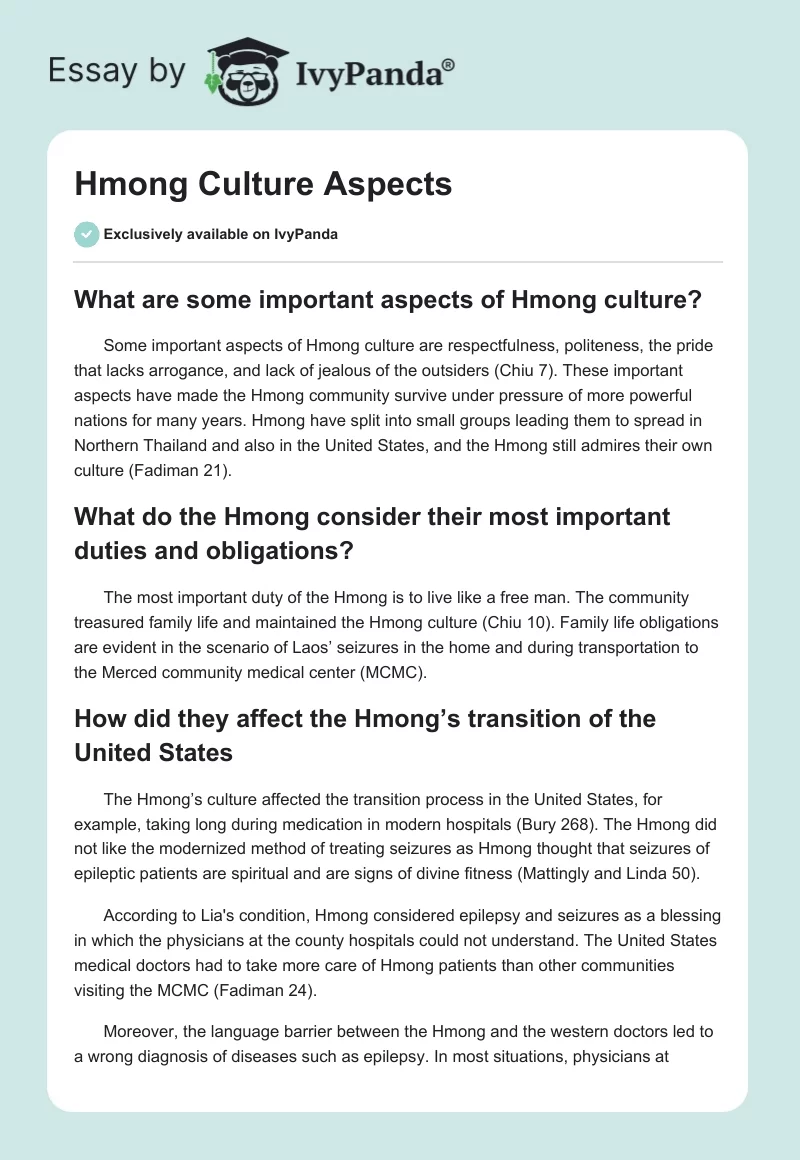 Hmong Culture Aspects. Page 1