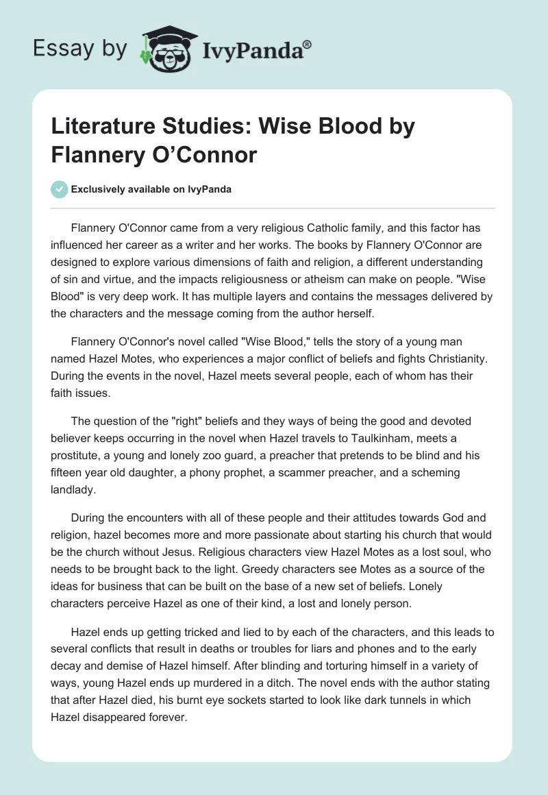 Literature Studies: "Wise Blood" by Flannery O’Connor. Page 1