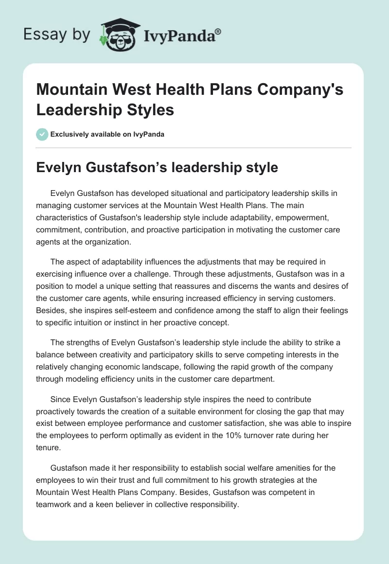 Mountain West Health Plans Company's Leadership Styles. Page 1