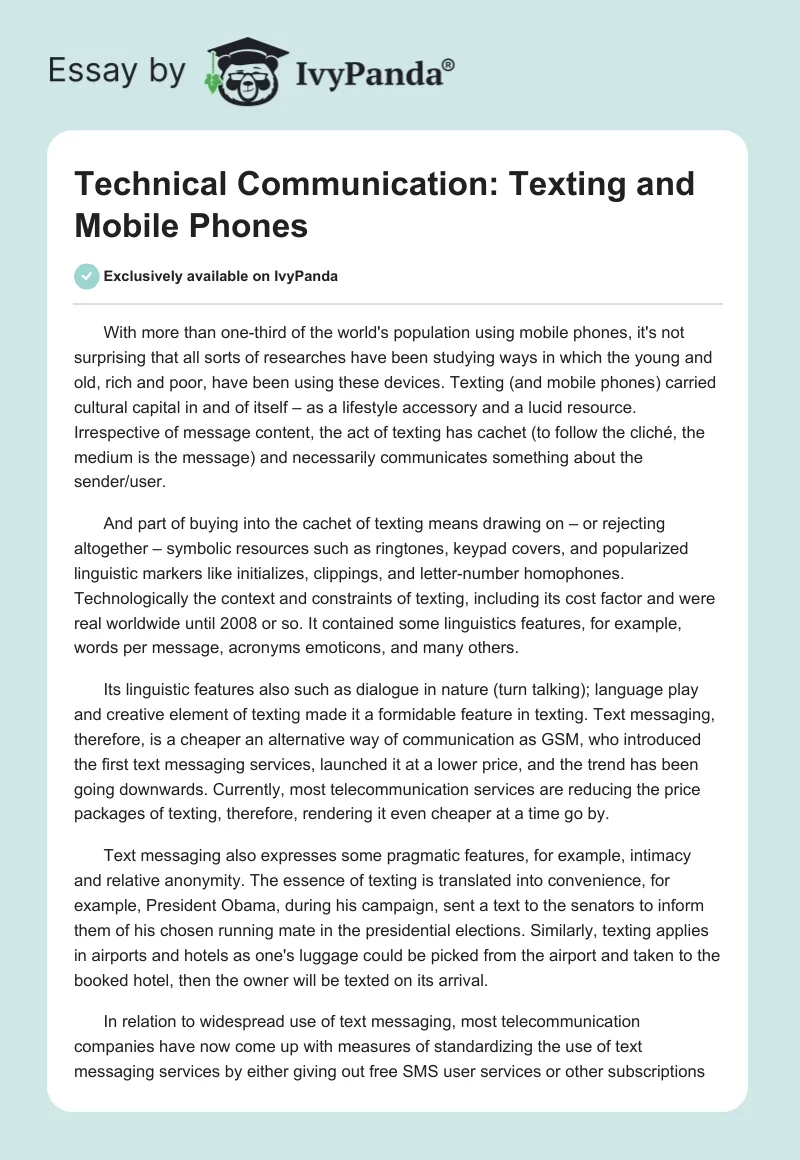Technical Communication: Texting and Mobile Phones. Page 1