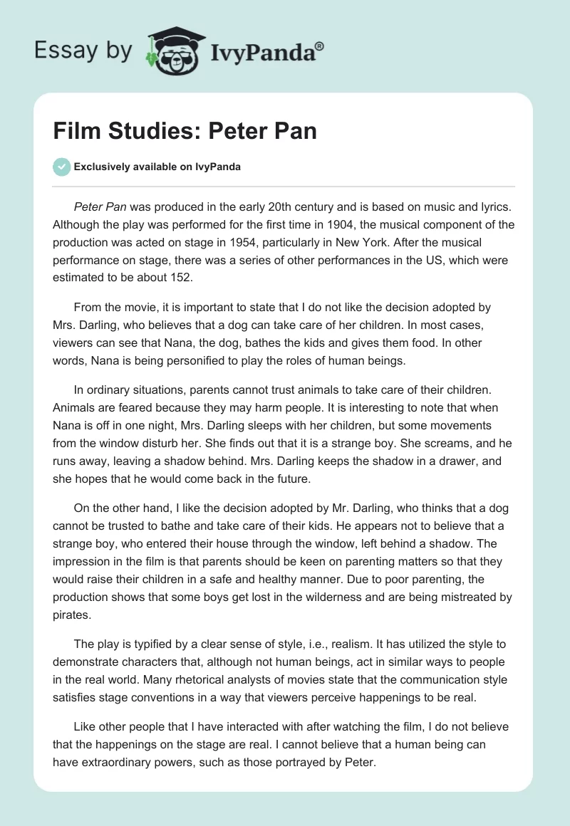 Film Studies: Peter Pan. Page 1
