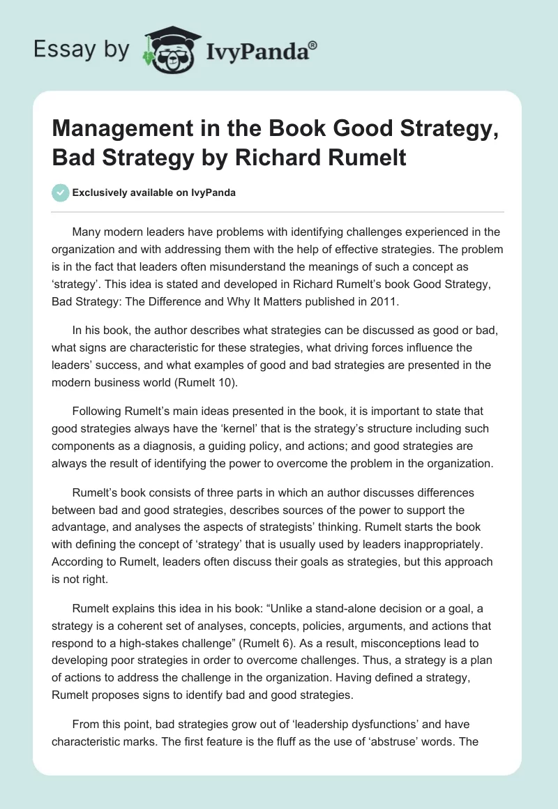 Management in the Book "Good Strategy, Bad Strategy" by Richard Rumelt. Page 1