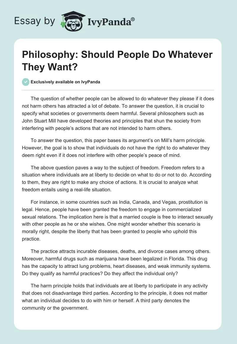 Philosophy: Should People Do Whatever They Want?. Page 1