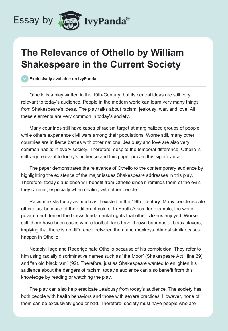 The Relevance of "Othello" by William Shakespeare in the Current Society. Page 1