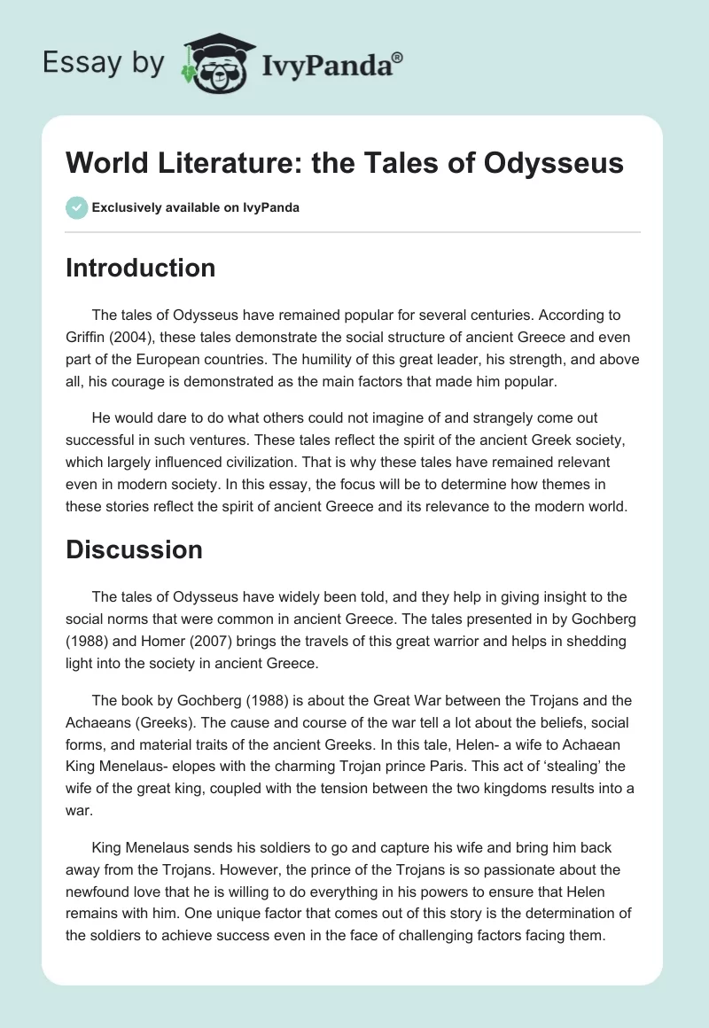 World Literature: The Tales of Odysseus. Page 1