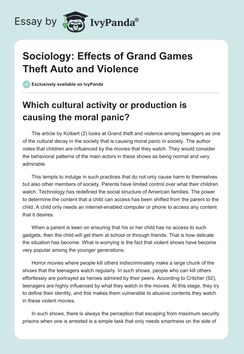 Sociology: Effects of Grand Games Theft Auto and Violence. Page 1