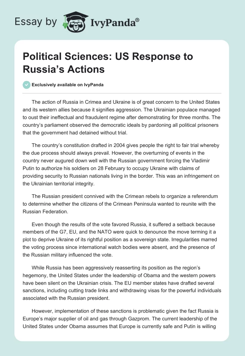 Political Sciences: US Response to Russia’s Actions. Page 1