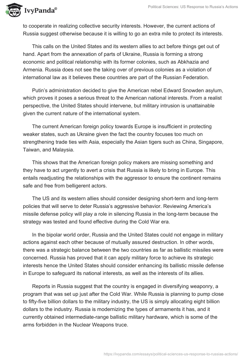 Political Sciences: US Response to Russia’s Actions. Page 2