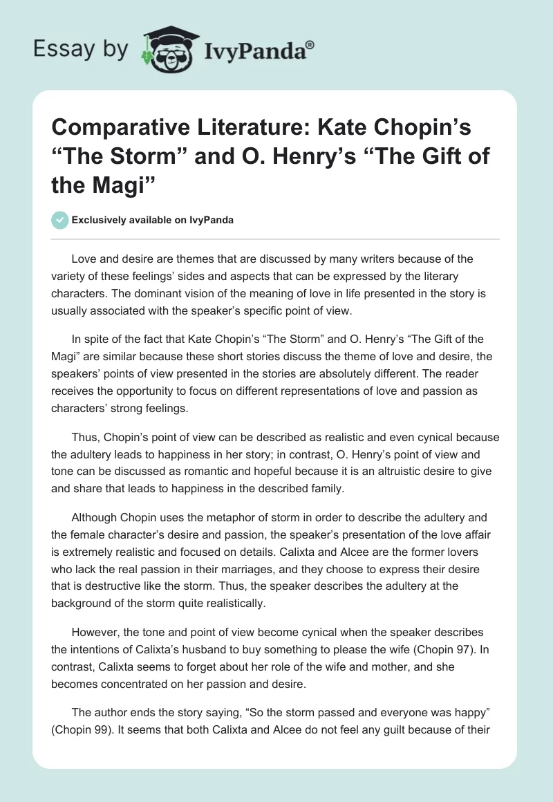 Comparative Literature: Kate Chopin’s “The Storm” and O. Henry’s “The Gift of the Magi”. Page 1