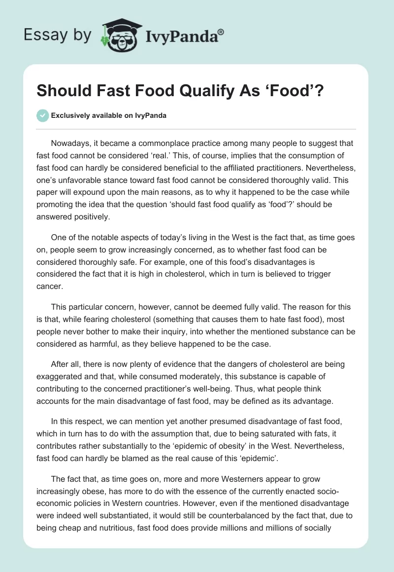 Nutrition: Should Fast Food Qualify As 'Food'? - 793 Words | Essay Example