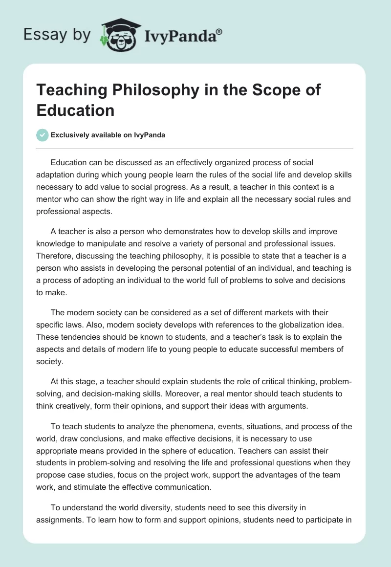 Teaching Philosophy in the Scope of Education. Page 1