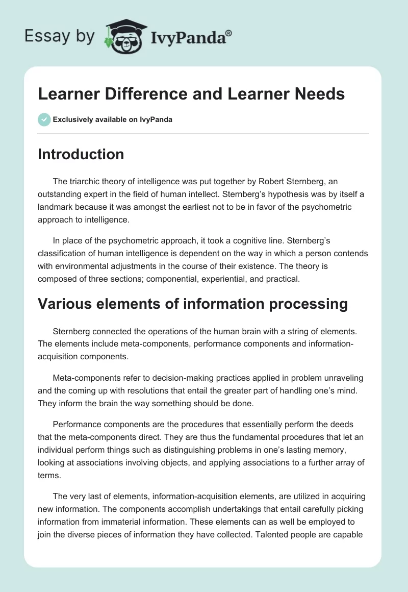 Learner Difference and Learner Needs. Page 1