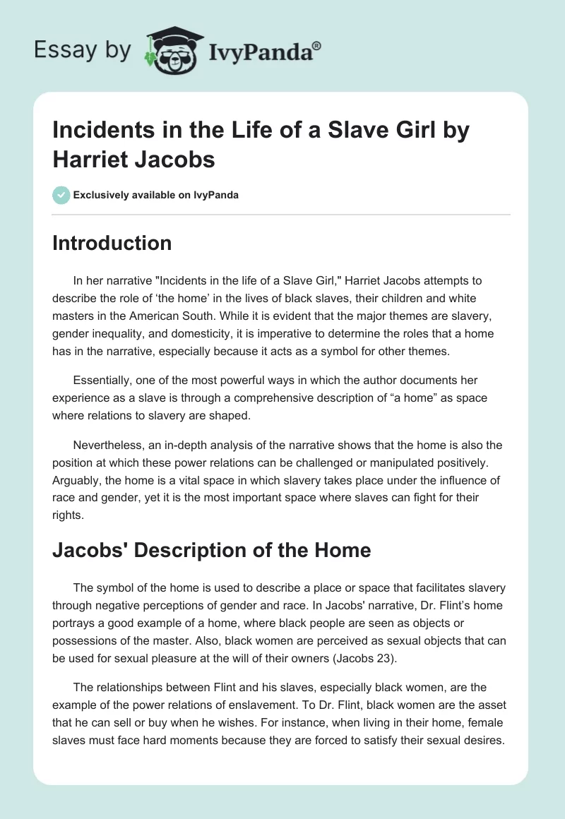"Incidents in the Life of a Slave Girl" by Harriet Jacobs. Page 1