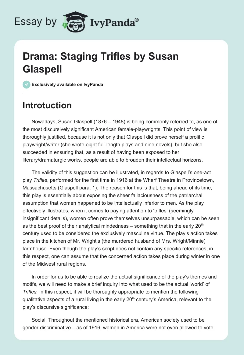 Drama: Staging "Trifles" by Susan Glaspell. Page 1