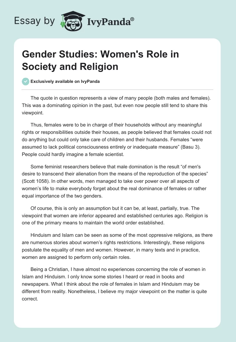 Gender Studies: Women's Role in Society and Religion. Page 1