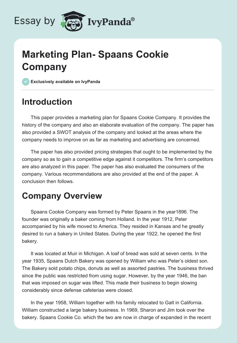 Marketing Plan- Spaans Cookie Company. Page 1
