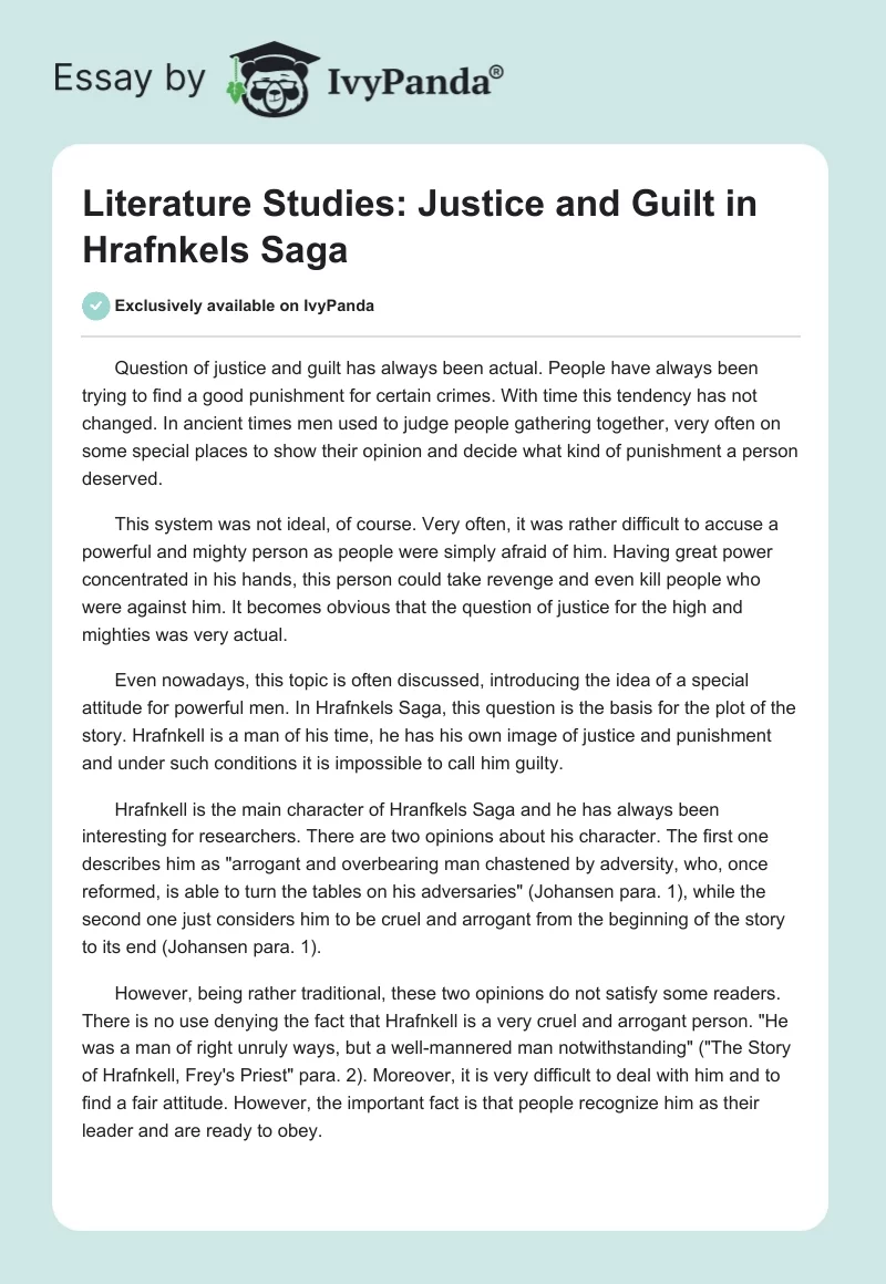 Literature Studies: Justice and Guilt in Hrafnkels Saga. Page 1