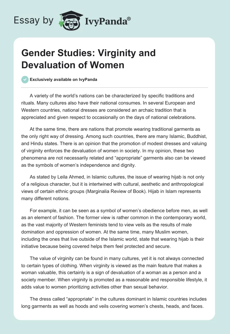 Gender Studies: Virginity and Devaluation of Women. Page 1