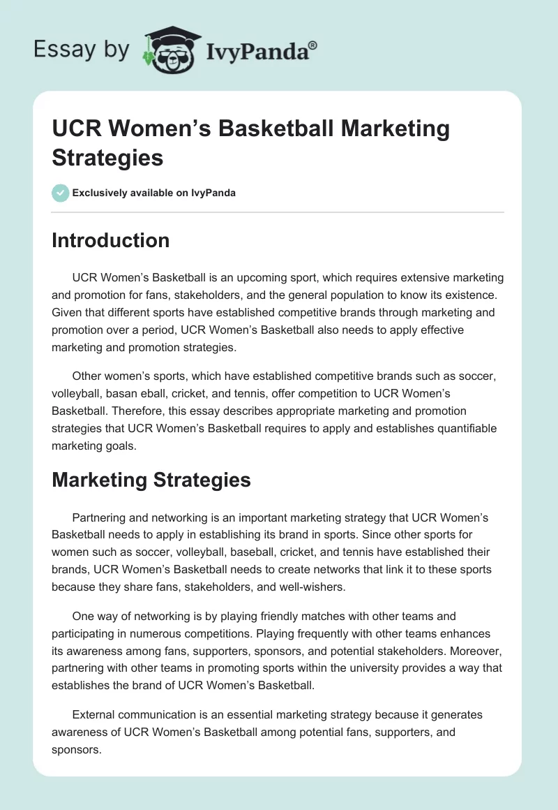UCR Women’s Basketball Marketing Strategies. Page 1