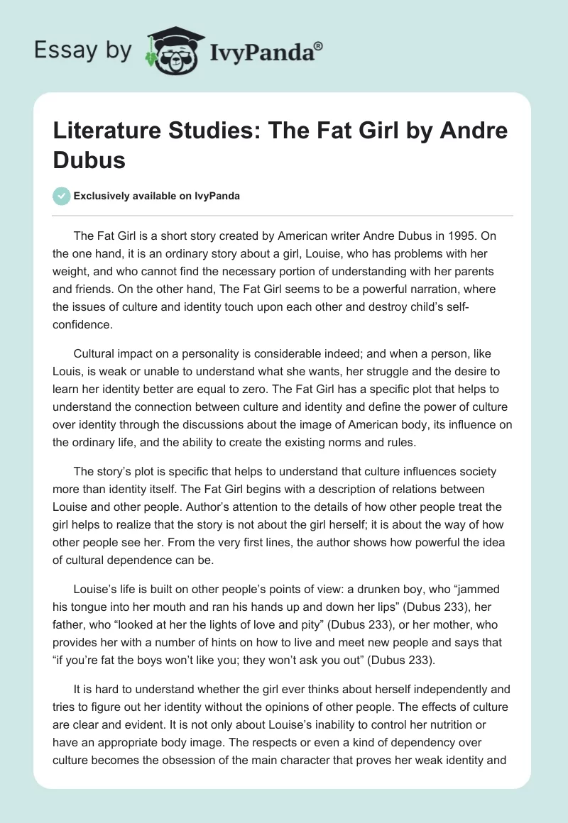 Literature Studies: The Fat Girl by Andre Dubus. Page 1