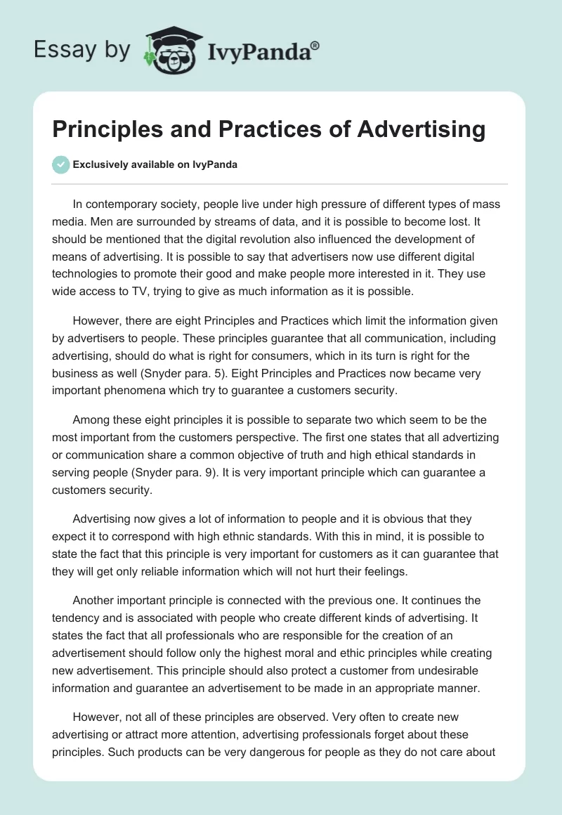 Principles and Practices of Advertising. Page 1