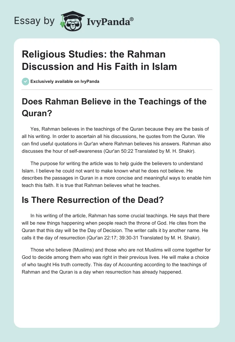 Religious Studies: The Rahman Discussion and His Faith in Islam. Page 1