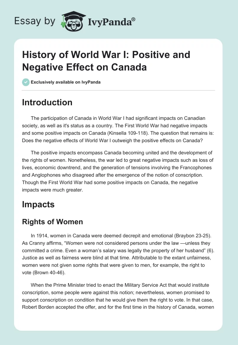 Positive and Negative Effects of WW1 on Canada: Essay. Page 1
