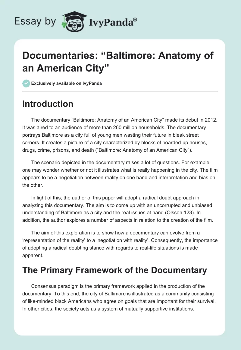Documentaries: “Baltimore: Anatomy of an American City”. Page 1