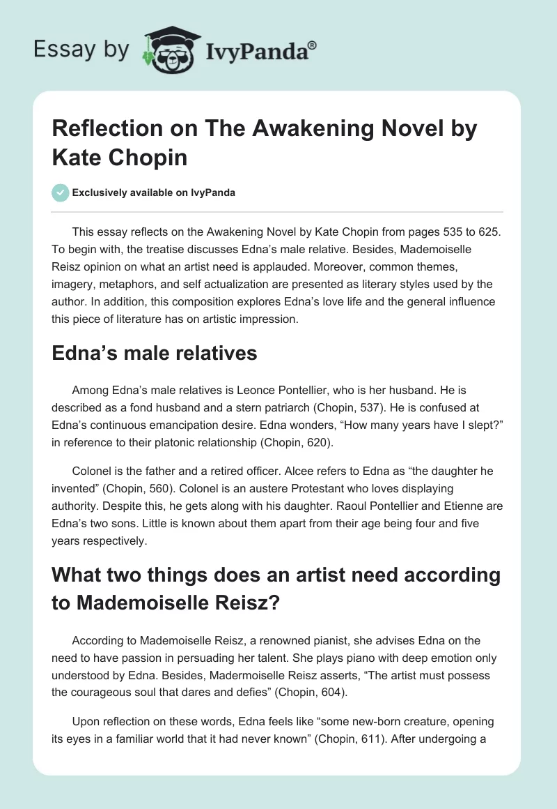 Reflection on "The Awakening Novel" by Kate Chopin. Page 1