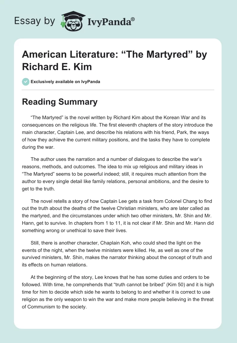 American Literature: “The Martyred” by Richard E. Kim. Page 1