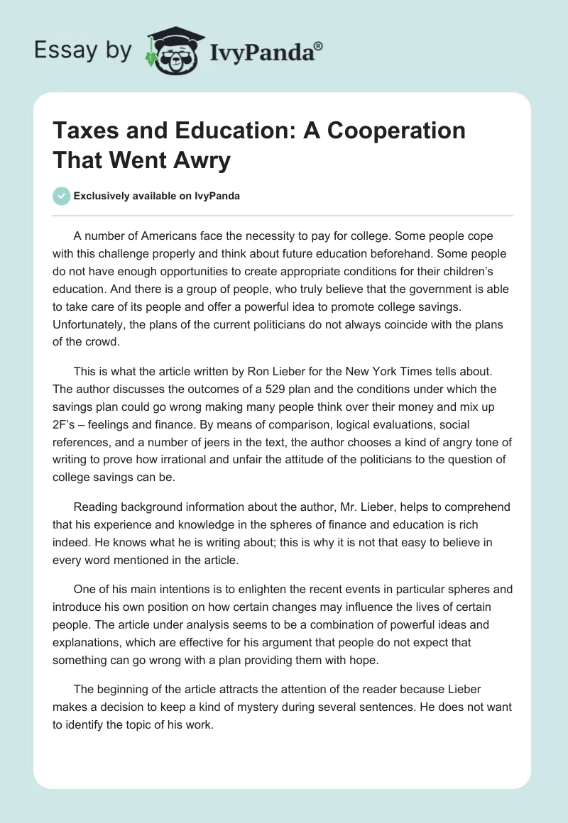 Taxes and Education: A Cooperation That Went Awry. Page 1