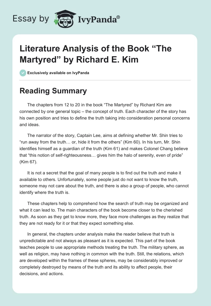 Literature Analysis of the Book “The Martyred” by Richard E. Kim. Page 1