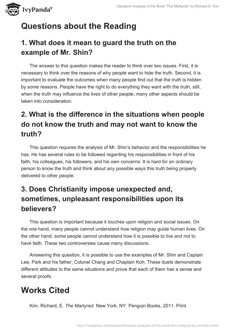 Literature Analysis of the Book “The Martyred” by Richard E. Kim. Page 2